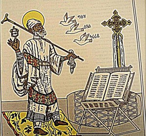 Figure 1: An artist rendering of St Yared while chanting Zema accompanied by sistrum, tau-cross staff. The three main zema chants of Ge’ez, Izil, and Araray which are represented by three birds. Digua, a book of chant, atronse (book holder), a drum, and a processional cross are also seen here. Source: Methafe Diggua Zeqidus Yared. Addis Ababa: Tensae Printing Press, 1996)